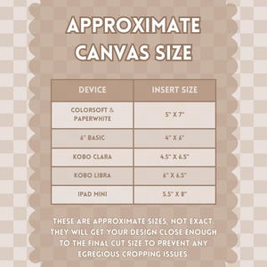 May include: A beige and white checkered chart titled APPROXIMATE CANVAS SIZE. It lists device names and insert sizes in inches: Colorsoft & Paperwhite 5" x 7", 6" Basic 4" x 6", Kobo Clara 4.5" x 6.5", Kobo Libra 6" x 6.5", and iPad Mini 5.5" x 8".