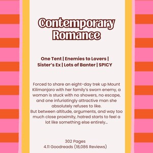May include: A rectangular book summary card with a pink and orange striped background. The text reads: Contemporary Romance, One Tent | Enemies to Lovers | Sister's Ex | Lots of Banter | SPICY, followed by a plot summary and 302 Pages, 4.11 Goodreads.