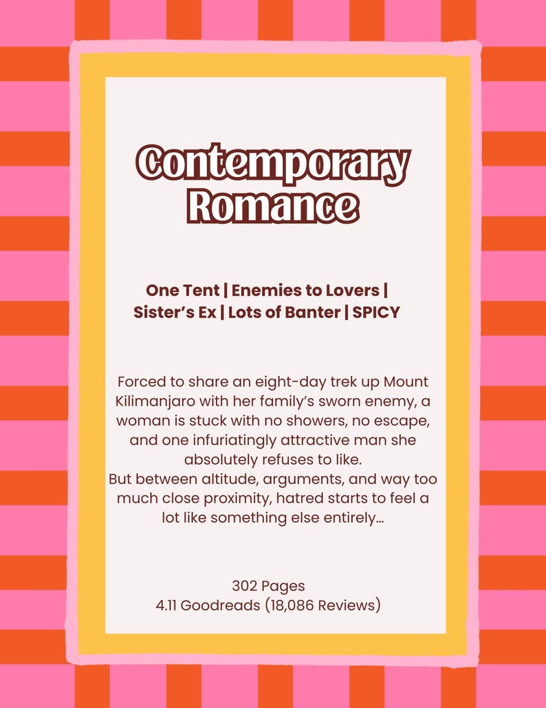 May include: A rectangular book summary card with a pink and orange striped background. The text reads: Contemporary Romance, One Tent | Enemies to Lovers | Sister's Ex | Lots of Banter | SPICY, followed by a plot summary and 302 Pages, 4.11 Goodreads.