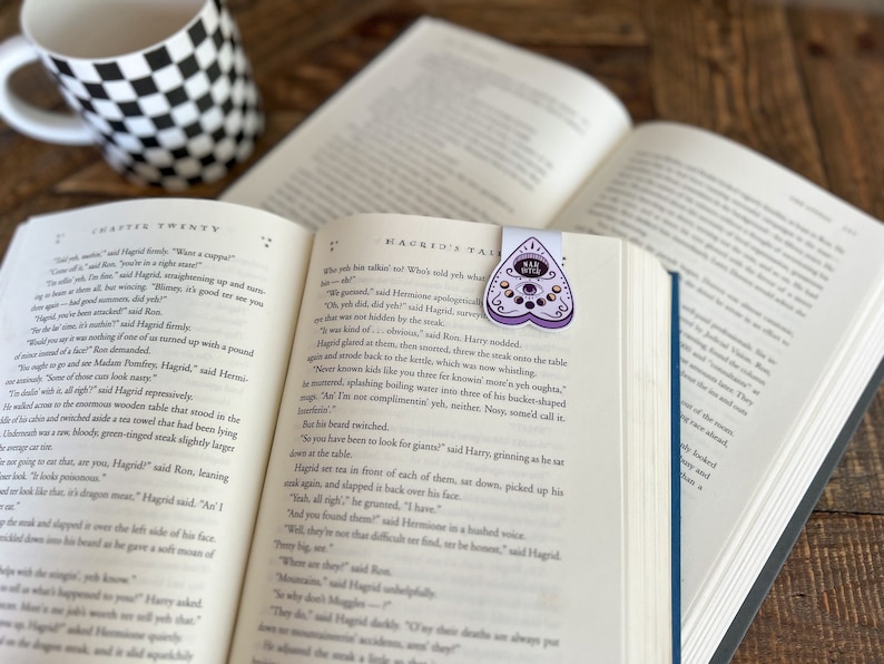 May include: An open book with a purple and black heart-shaped bookmark with the words "Kill Witch" on it. The book is open to a page with the text "Hagrid's Tale" and "Chapter Twenty".