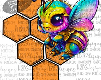 Rainbow Bee and Honeycomb Digital Design Sublimation Design  Transparent PNG