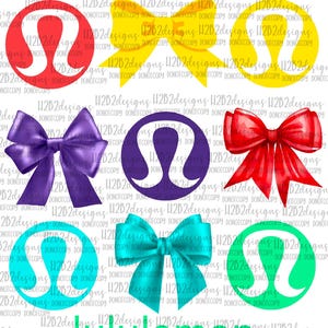 May include: A set of six digital designs featuring the Lululemon logo in various colours, including red, yellow, purple, teal, and green. Each logo is paired with a matching bow in a watercolour style.