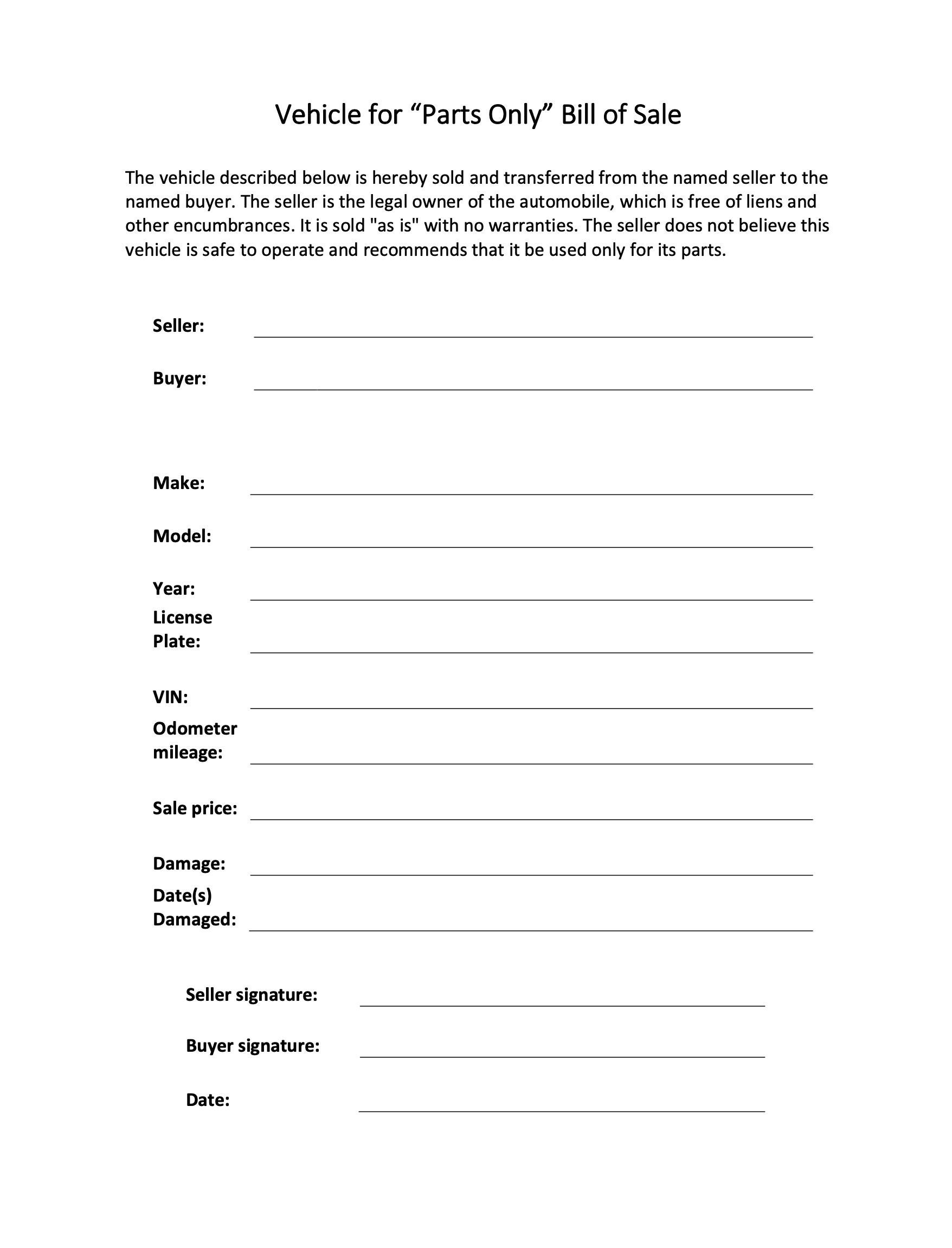 Motor Vehicle for Parts Bill of Sale Breaking Non Runner Car Sale