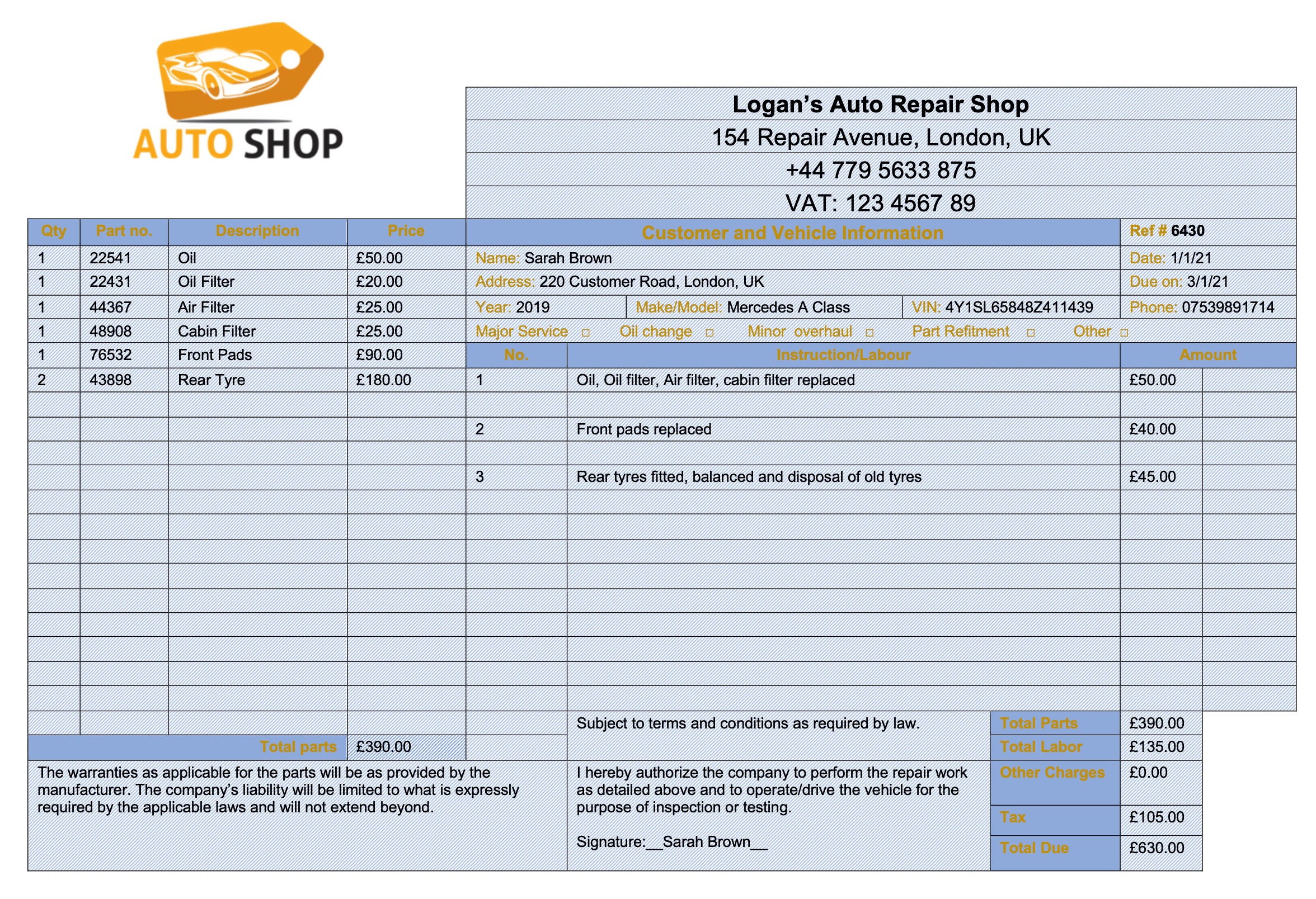 Auto Shop Invoices 