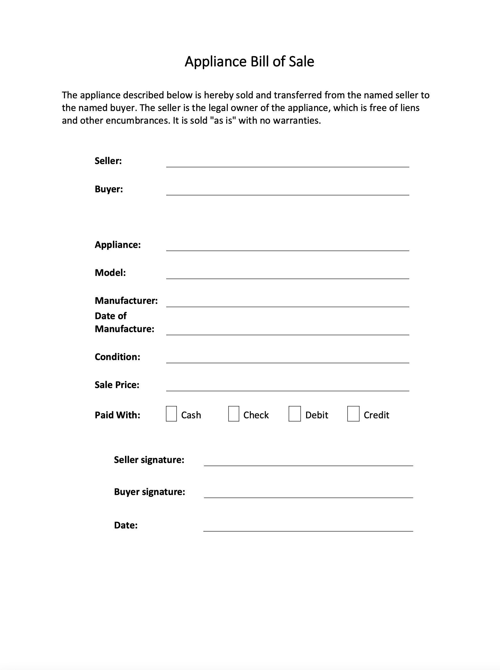 Appliance Bill of Sale Household Item General Sale Contract Appliances Appliance Bill of Sale Household Item General Sale Contract Appliances