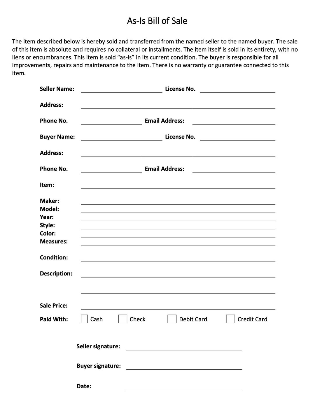 Bill of Sale Invoice General Item Second Hand Item as is Sale Contract