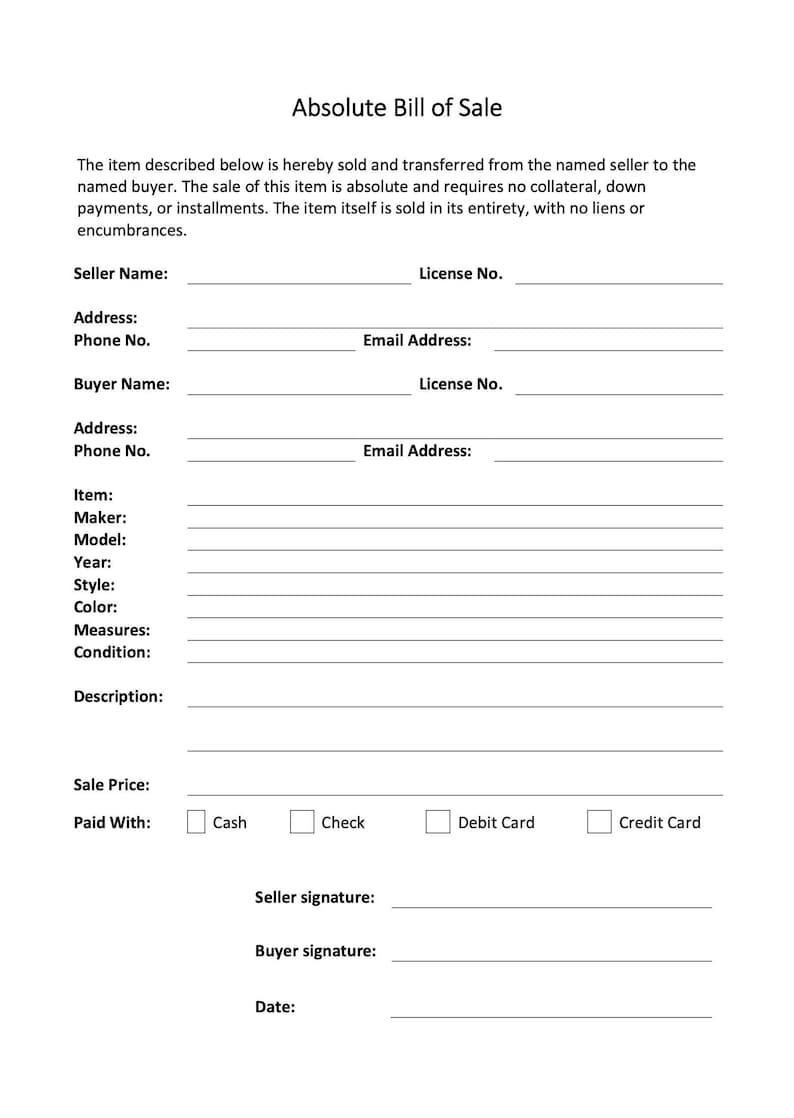 Absolute Bill of Sale Complete Entirety Sale Contract Goods Dealership