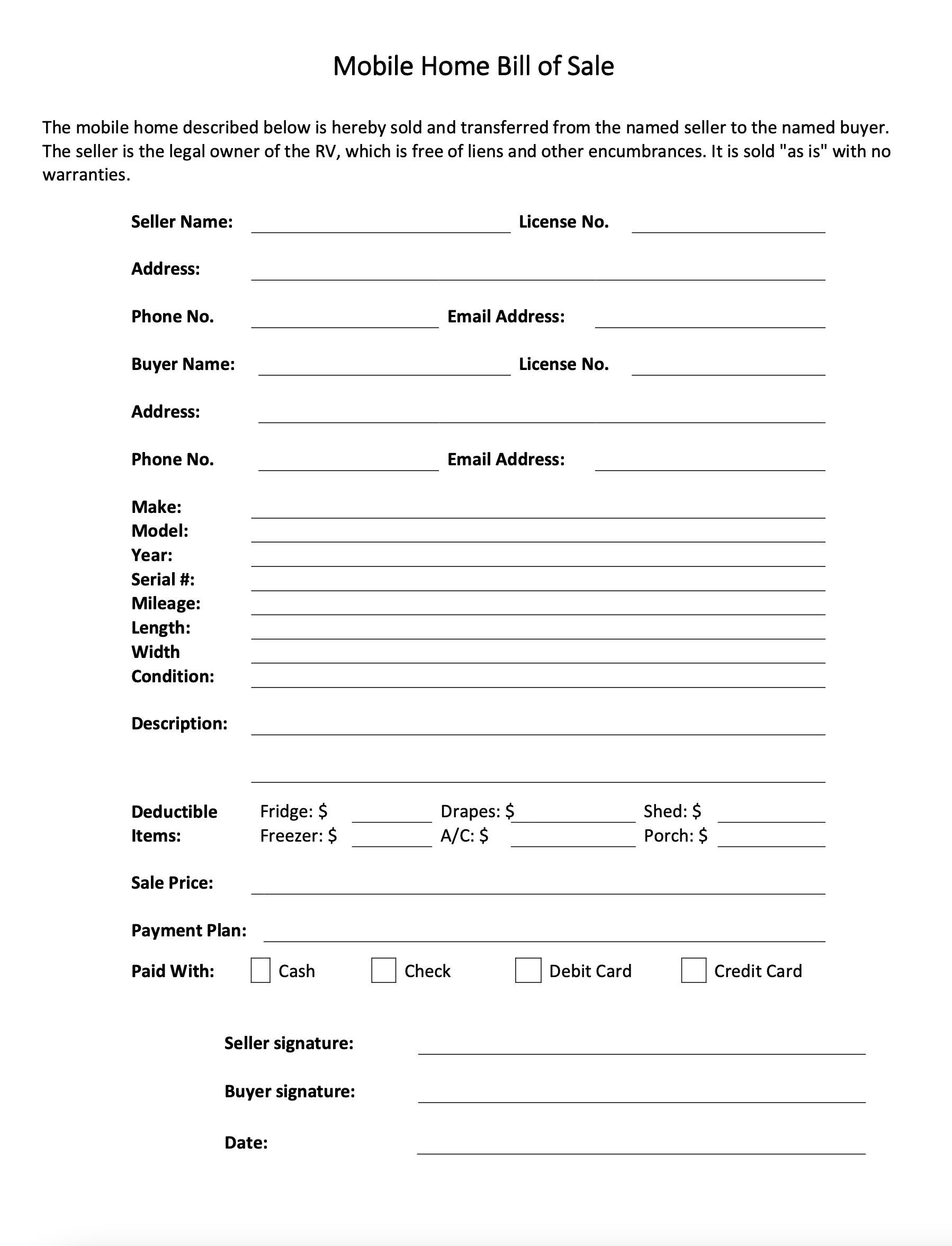 Mobile Home Bill of Sale Motorhome Caravan Sale Contract Trailer Home Mobile Home Bill of Sale Motorhome Caravan Sale Contract Trailer Home