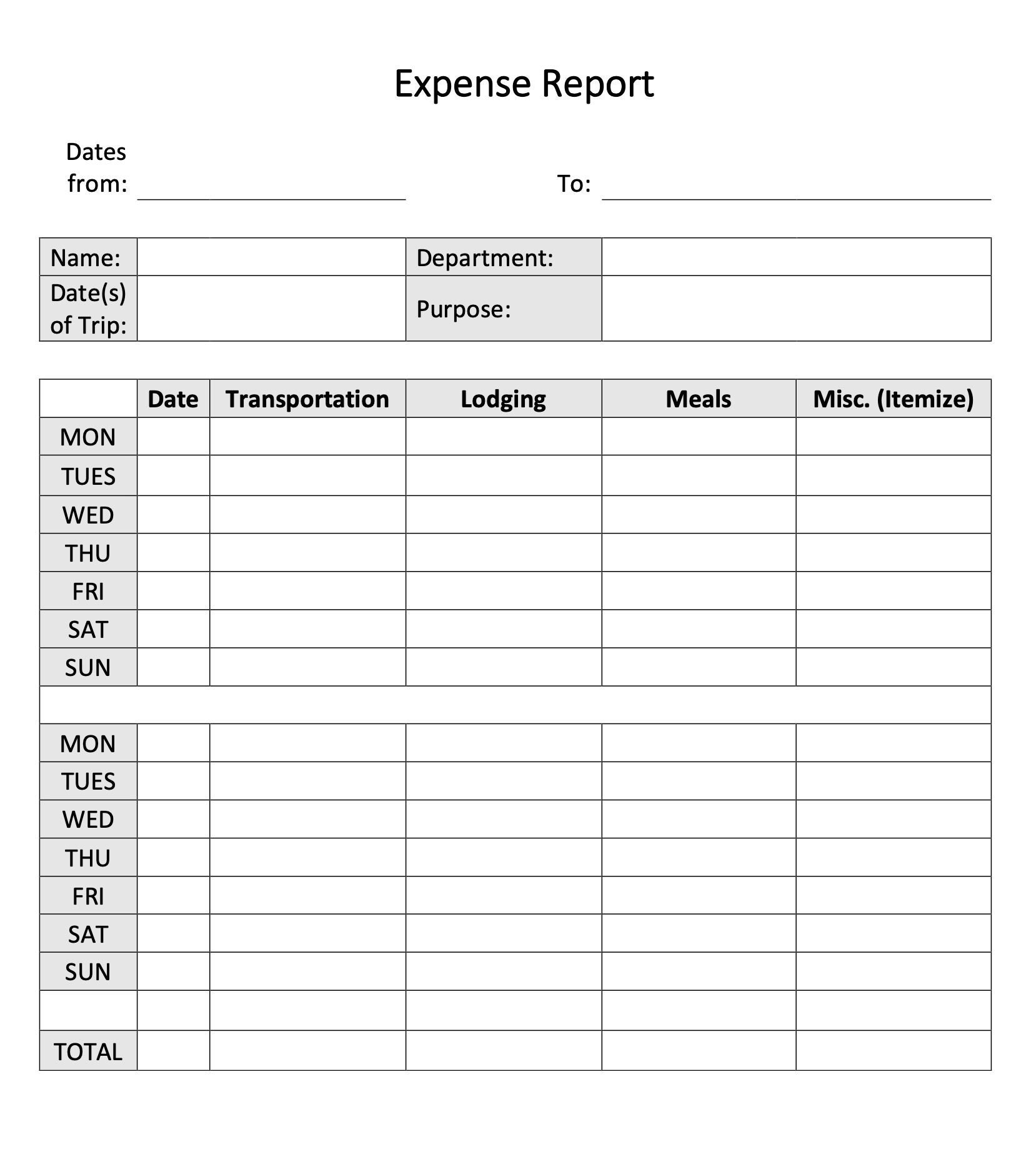 Weekly Expense Report Form Business Company Personal Expense Form ...