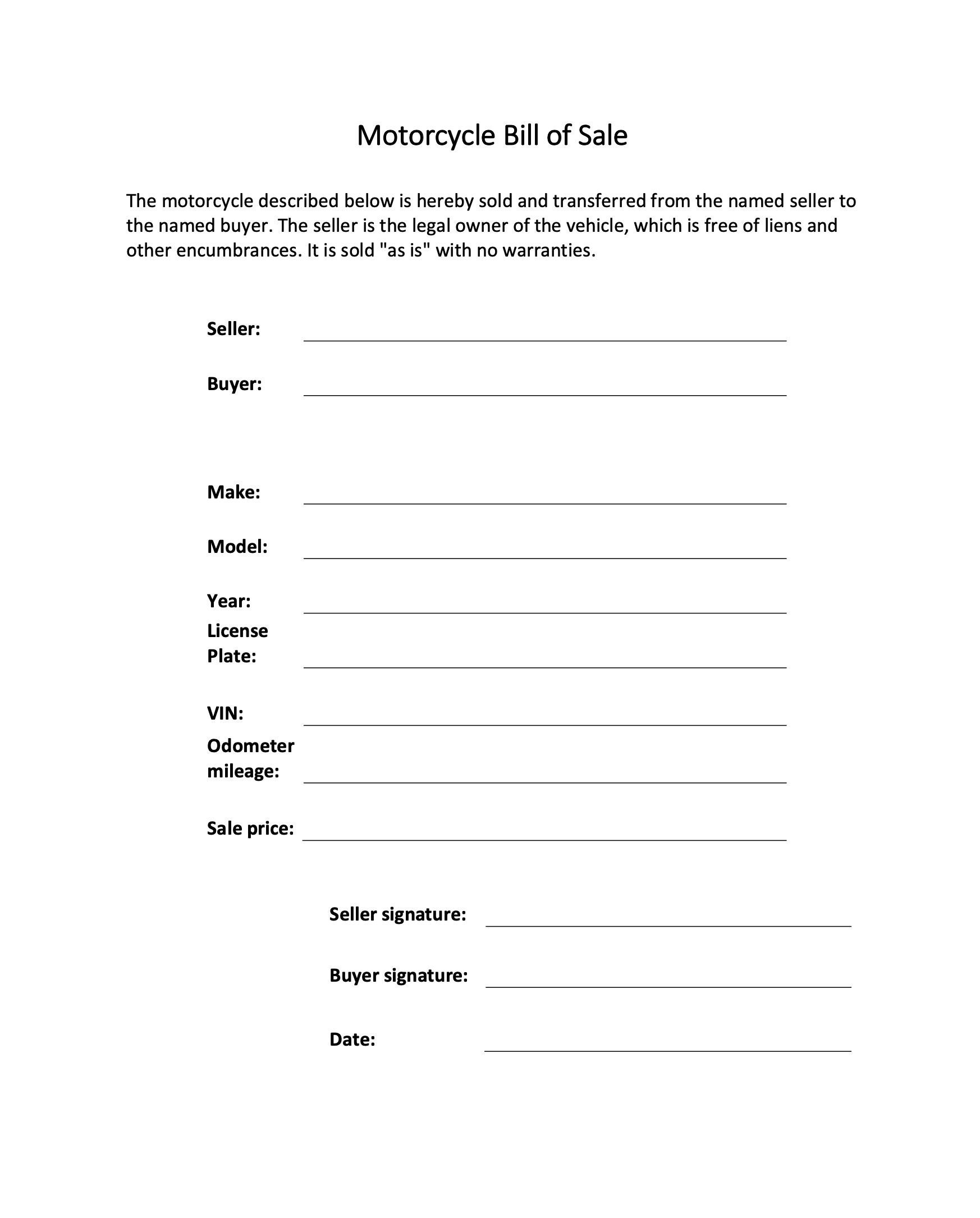 Free Printable Bill Of Sale Template For Motorcycle