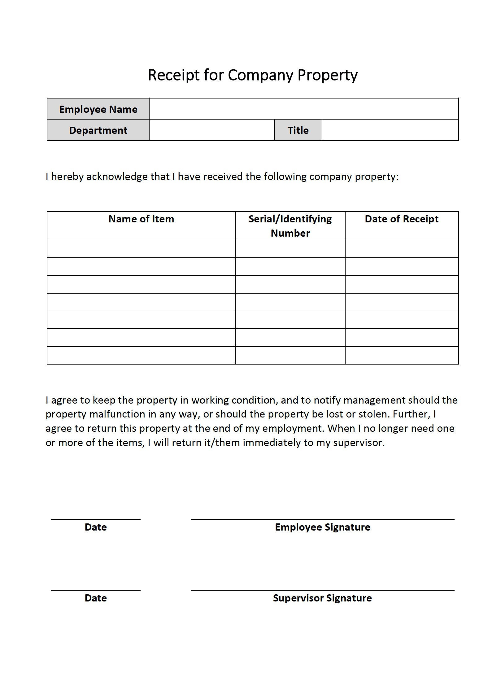 Receipt for Company Property Record of Belongings Given to Employee