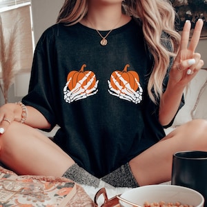 Pumpkin Boob Shirt, Funny Shirt, Skeleton Hand Shirt, Funny Halloween Shirt, Skeleton Boobie Shirt, Funny Skeleton Hand Shirt, Skeleton Boob
