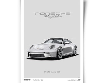 May include: A poster featuring a silver Porsche 911 GT3 Touring 992. The car is depicted in a detailed illustration with a light gray background. The text "PORSCHE History in Pictures" is at the top.
