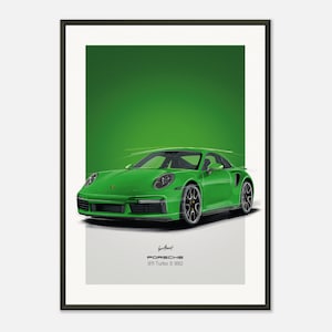 May include: A green Porsche 911 Turbo S 992 sports car with black wheels and a green background. The car is shown in a minimalist style with a signature at the bottom.