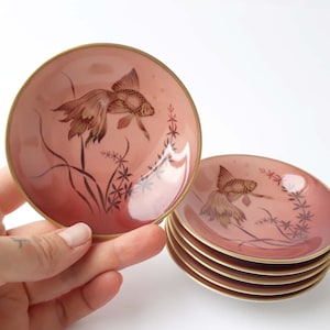 Vintage set of 6 hand-painted HERTEL JACOB porcelain plates serving bowls goldfish pink gold 50s 60s 70s Midcentury Design Germany