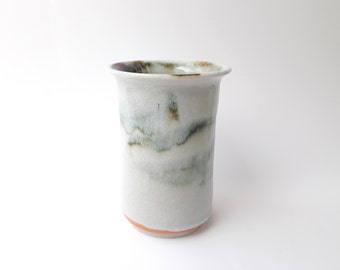 Vintage Japanese Ikebana vase, minimalist grey studio ceramic with brown and green accents, ceramic Zen cylinder vase, utensil holder