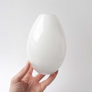 Può includere: Un vaso bianco lucido a forma di uovo. Il vaso ha una superficie liscia e riflettente ed è tenuto in mano su uno sfondo bianco. Il vaso è un oggetto decorativo per la casa.