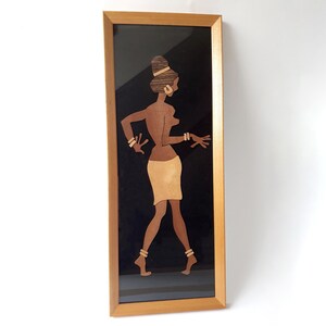 Vintage MCM Tribe Holzbild Tänzerin Strohbild 50er 60er 70er Wandbild Tiki Wandkunst Afrika Collage Holzschnitt Ethno Wanddeko