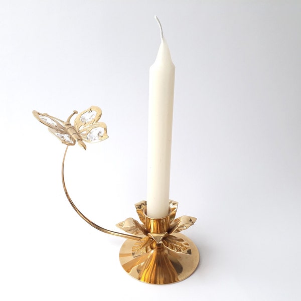 Vintage Hollywood Regency Kerzenständer aus Messing goldene Blumen Schmetterling mit Sonnenfänger Kristallen 50er 60er 70er Boho Design