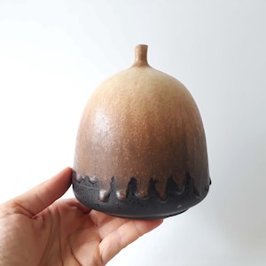 Può includere: Un vaso in ceramica fatto a mano con una forma arrotondata unica. Il vaso presenta una sfumatura di colori, che passa da un beige chiaro nella parte superiore a una base marrone scuro con un design strutturato e gocciolante. Ha un piccolo collo cilindrico.