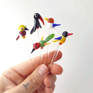 Puede incluir: Una colección de seis figuras de pájaros de cristal de colores sobre tallos transparentes. Los pájaros presentan varios colores, incluyendo rojo, amarillo, azul, verde y negro. Cada pájaro tiene un diseño único, algunos con picos largos y otros con alas detalladas.