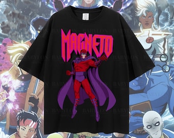 May include: Black t-shirt with a graphic of Magneto from X-Men. The graphic is in pink and purple and the text "MAGNETO" is in pink. The t-shirt is oversized.