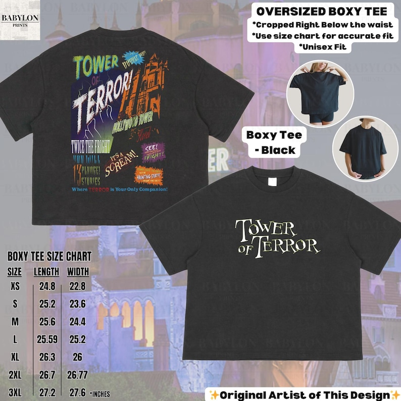 Op de afbeelding: Zwart oversized boxy T-shirt met de tekst "TOWER OF TERROR" in wit op de voorkant en een kleurrijke afbeelding op de achterkant. De afbeelding bevat de woorden "Hollywood Tower" en "Twice the Fright". Het shirt heeft een maattabel.