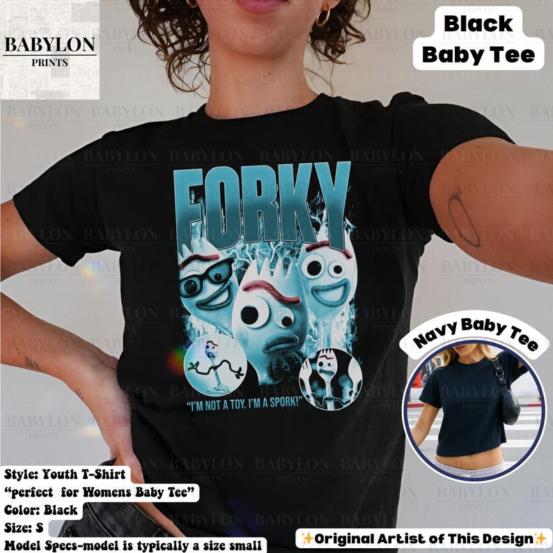 May include: Black youth t-shirt featuring the word "FORKY" in blue, with three cartoon spork characters. The shirt includes the text "I'M NOT A TOY. I'M A SPORK!" and is a size small.