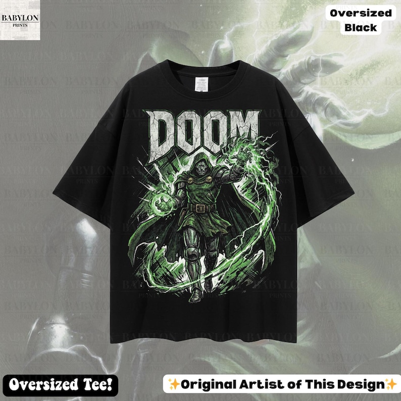 May include: Black oversized t-shirt featuring a graphic of a character with the word "DOOM" in white block letters. The character is in a green and black outfit with green energy effects. The shirt has the text "Oversized Black" and "Oversized Tee!"