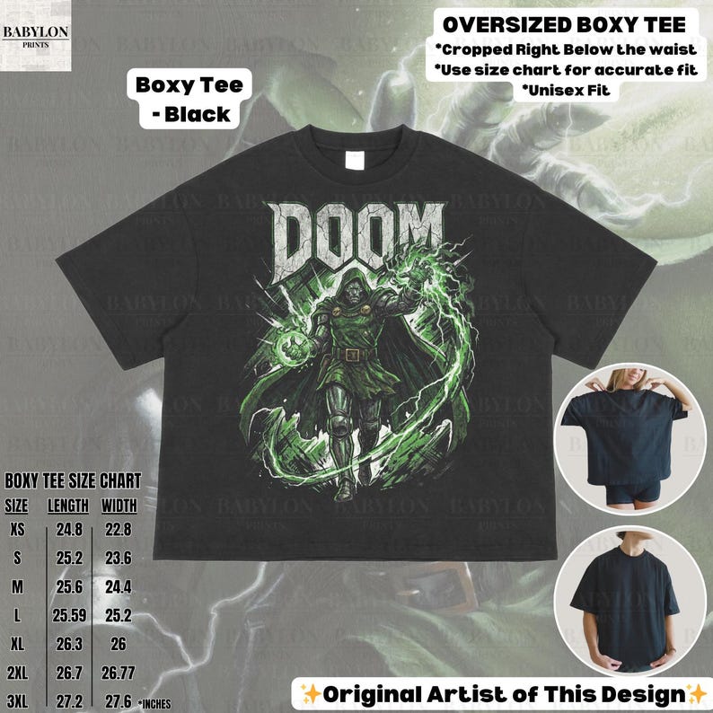May include: Black boxy tee featuring a graphic of a character with the word "DOOM" in white. The design includes green lightning and a green-clad figure. The shirt has a size chart and the text "Original Artist of This Design".