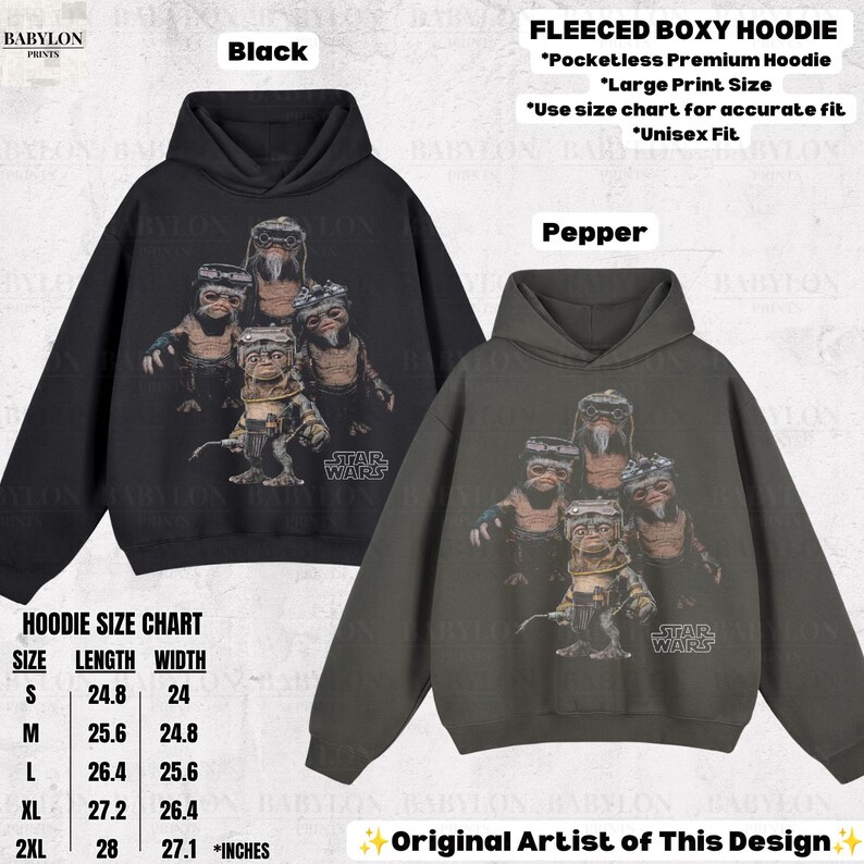 Op de afbeelding: Twee gevoerde boxy hoodies in zwart en peperkleur, met een Star Wars grafische print van vier Ewok-personages op de voorkant. De hoodies hebben lange mouwen, een capuchon en geen zakken. Een maattabel met afmetingen in inches is inbegrepen.