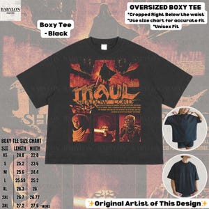 Puede incluir: Camiseta negra de corte holgado con un dise&ntilde;o gr&aacute;fico naranja y blanco que dice "MAUL SHADOW LORD". La camiseta incluye im&aacute;genes de personajes y texto. Tambi&eacute;n es visible una tabla de tallas.
