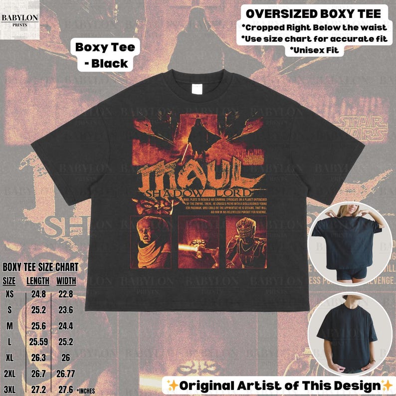 Puede incluir: Camiseta negra de corte holgado con un dise&ntilde;o gr&aacute;fico naranja y blanco que dice "MAUL SHADOW LORD". La camiseta incluye im&aacute;genes de personajes y texto. Tambi&eacute;n es visible una tabla de tallas.