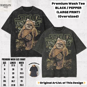 May include: Black oversized Star Wars t-shirts with a large print of an Ewok character. The shirts have a distressed, vintage look. The text "STAR WARS" is above the Ewok. The size chart is included.