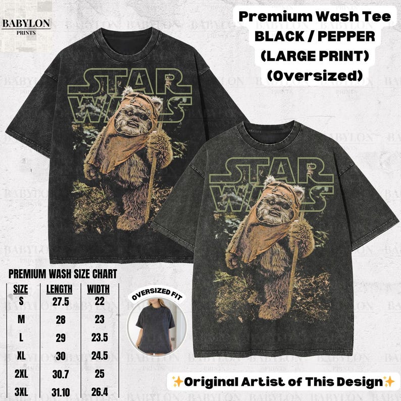 May include: Black oversized Star Wars t-shirts with a large print of an Ewok character. The shirts have a distressed, vintage look. The text "STAR WARS" is above the Ewok. The size chart is included.