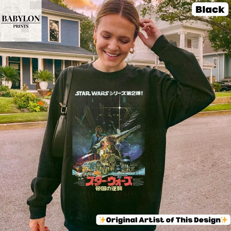 Vintage The Empire Strikes Back Star Wars Shirt: Retro Star Wars Japanese Poster Shirt, Luke Skywalker Disney World Tee, Star Wars Gifts Classic Unisex Crewneck Sweatshirt - Black