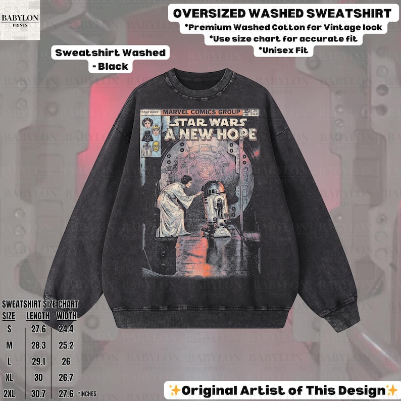 May include: Black oversized washed sweatshirt featuring a vintage Star Wars comic book cover design. The graphic includes the text "STAR WARS A NEW HOPE" and images of characters. The sweatshirt has a crew neck and long sleeves. The size chart is in inches.