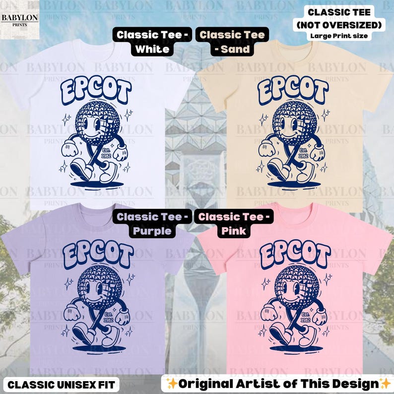 Pu&ograve; includere: Quattro classiche t-shirt unisex in bianco, sabbia, viola e rosa. Ogni maglietta presenta una grande stampa di un personaggio a forma di globo sorridente con il testo "EPCOT" e "Est. 1982". Le magliette sono etichettate "Classic Tee" e "Large Print size".