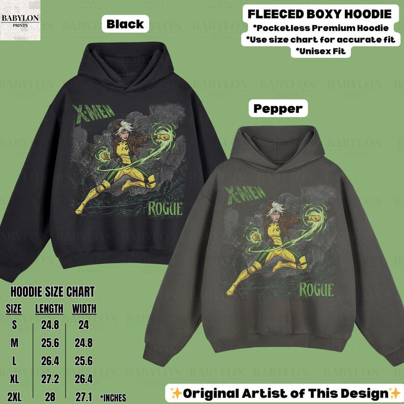 May include: Black and pepper-coloured fleeced boxy hoodies featuring a Rogue graphic from X-Men. The hoodies have a pocketless design and are available in unisex sizes. The size chart shows lengths from 63 to 71 cm.
