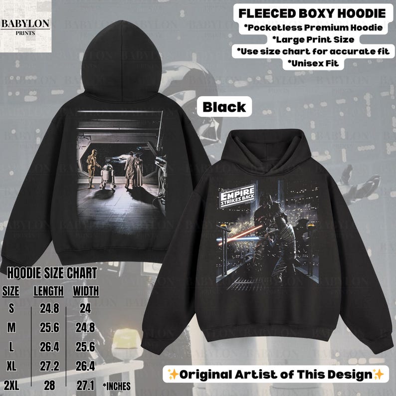 May include: Black fleeced boxy hoodie with a Star Wars design. The front features a scene from "Empire Strikes Back", and the back shows a scene with C-3PO, R2-D2, and Yoda. The hoodie has a large print size and is available in sizes S (24.8" length, 24" width) to 2XL (28" length, 27.1" width).