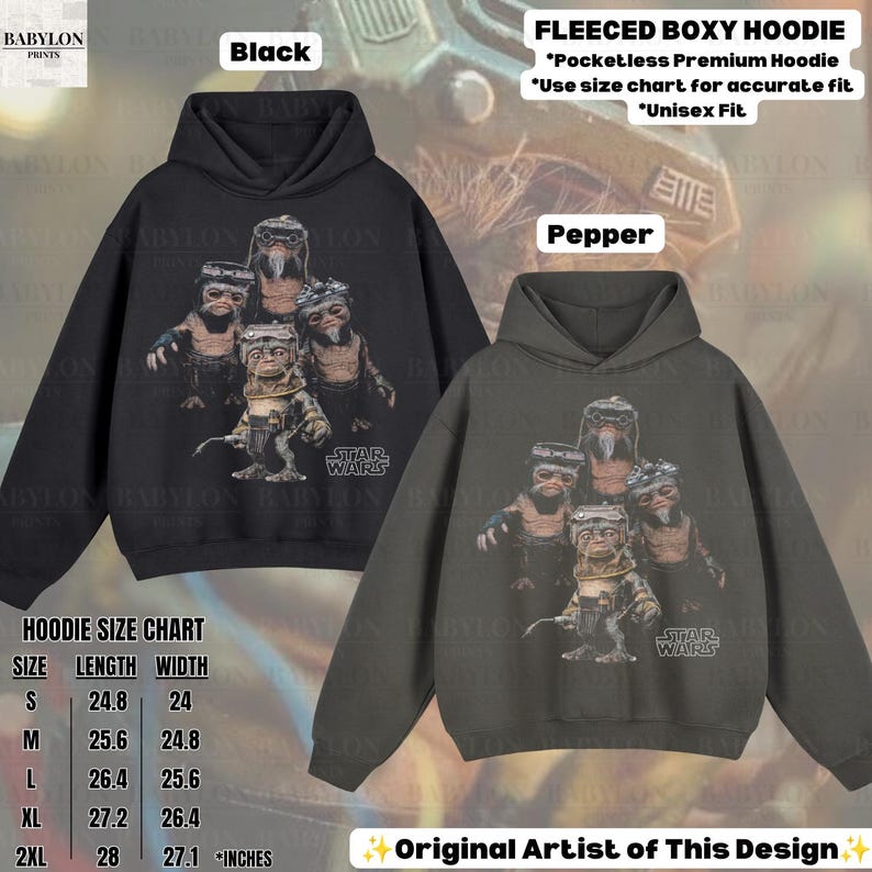 May include: Two fleeced boxy hoodies in black and pepper colors, featuring a graphic print of four Star Wars creatures. The hoodies have long sleeves, a hood, and no pockets. A size chart displays length and width measurements in inches.