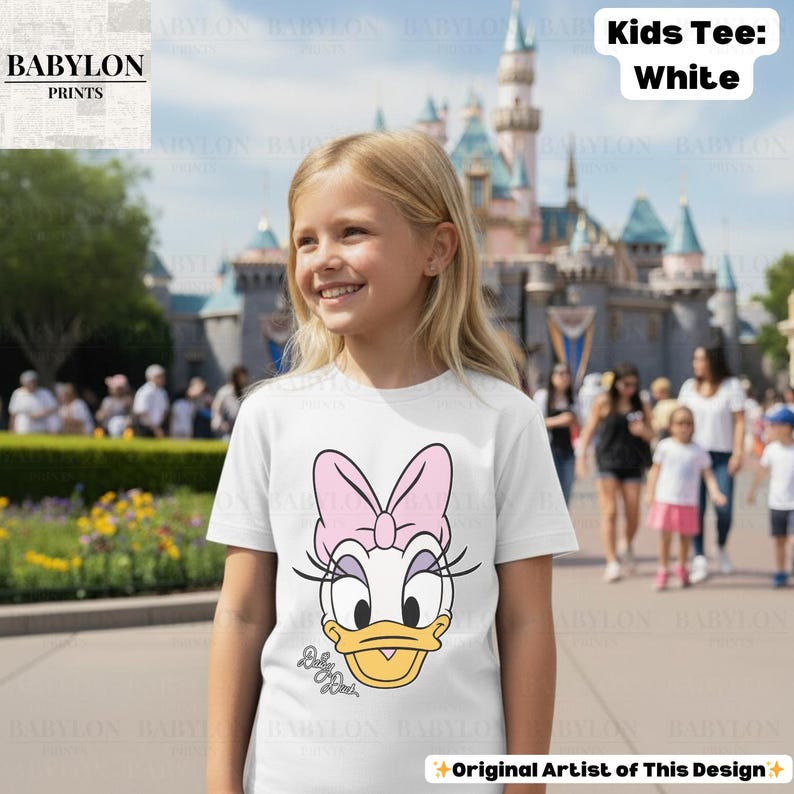 May include: White kids' tee featuring a Daisy Duck graphic with a pink bow and eyelashes. The shirt has the text "Kids Tee: White" at the top. The design is from the "Original Artist of This Design".