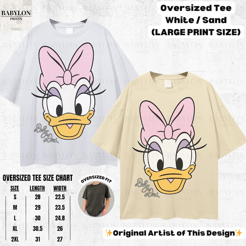 May include: Two oversized t-shirts, one white and one sand-colored, each featuring a large print of Daisy Duck's face with a pink bow. The shirts have the text "Baby Duck" below the graphic. The image also includes a size chart.