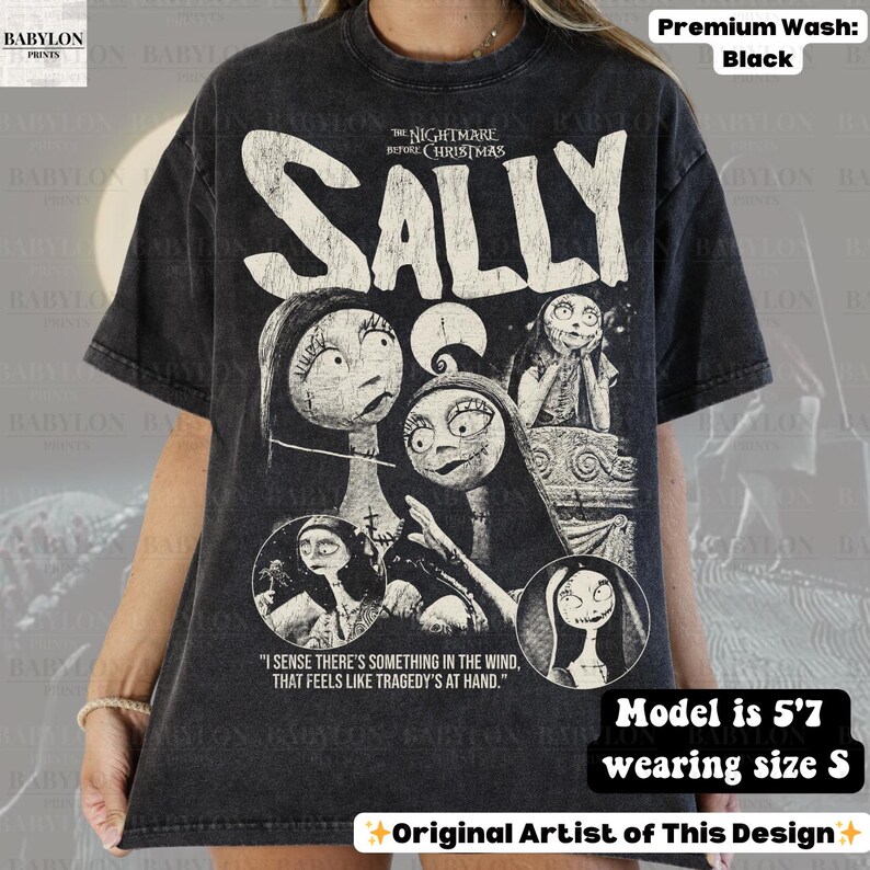May include: Black t-shirt featuring a graphic of Sally from "The Nightmare Before Christmas." The design includes the word "SALLY" in large white letters and several illustrations of Sally. The shirt has a premium wash and is a size small.