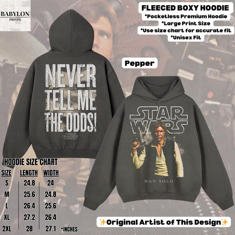 Puede incluir: Sudadera con capucha unisex de Star Wars color pimienta con un gr&aacute;fico de Han Solo y el logo de Star Wars en la parte delantera. La parte trasera de la sudadera tiene el texto "NEVER TELL ME THE ODDS!".