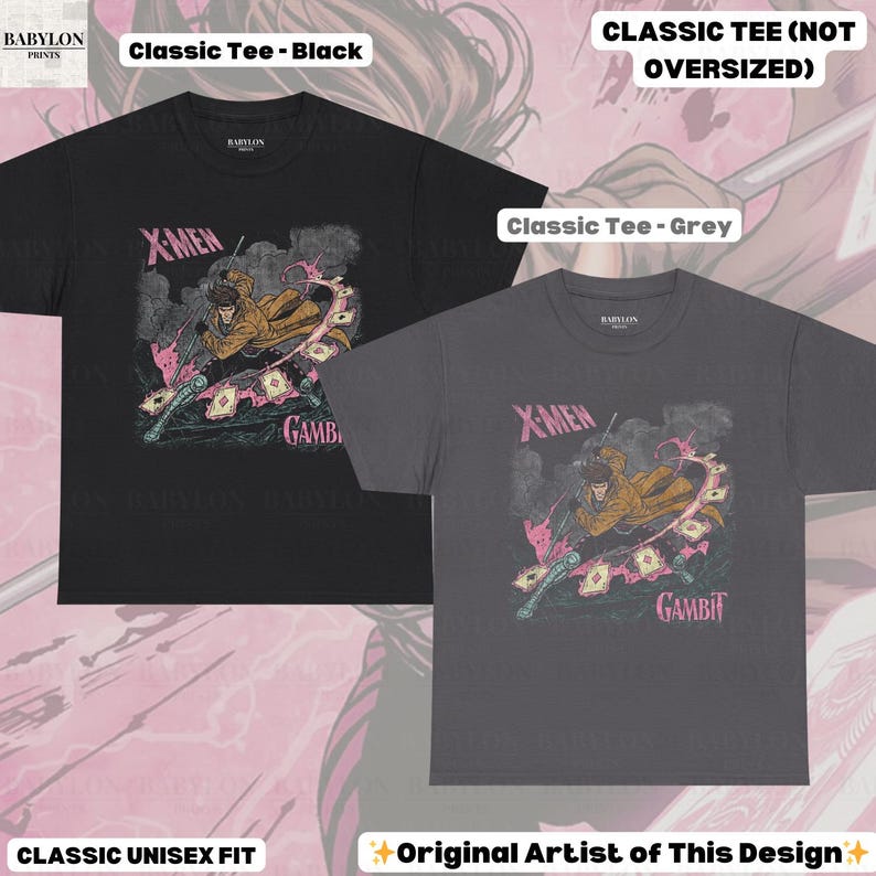 May include: Two classic unisex fit t-shirts, one black and one grey, featuring an X-Men Gambit graphic. The design includes the text "X-Men" and "Gambit" in pink, with a comic book style illustration.