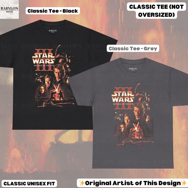 May include: Two classic unisex fit t-shirts, one black and one grey, featuring a Star Wars: Revenge of the Sith graphic. The design includes characters and the film's title in red and white. The shirts are labeled "Classic Tee".