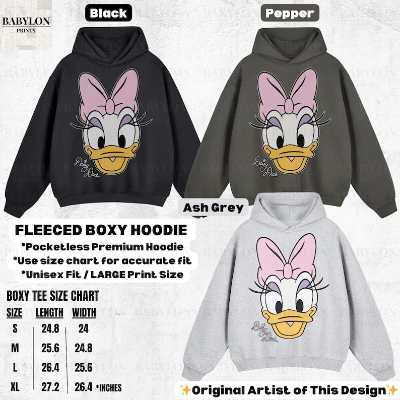 May include: Fleece boxy hoodies in black, pepper, and ash grey, each featuring a Daisy Duck graphic. The hoodies have a pocketless design and are available in sizes S to XL. The size chart indicates lengths from 24.8 to 27.2 inches and widths from 24 to 26.4 inches.