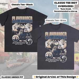 May include: Two classic unisex fit t-shirts, one black and one grey, featuring a graphic of Clawhauser from Zootopia. The design includes the character's name and the text "Are you familiar with Gazelle? Greatest singer of our lifetime? Angel with horns?"