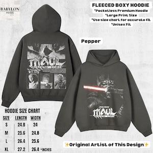 May include: Pepper-colored fleece boxy hoodie with a large print of Darth Maul from Star Wars. The hoodie features a hood and a pocketless design. The size chart shows the length and width in inches.